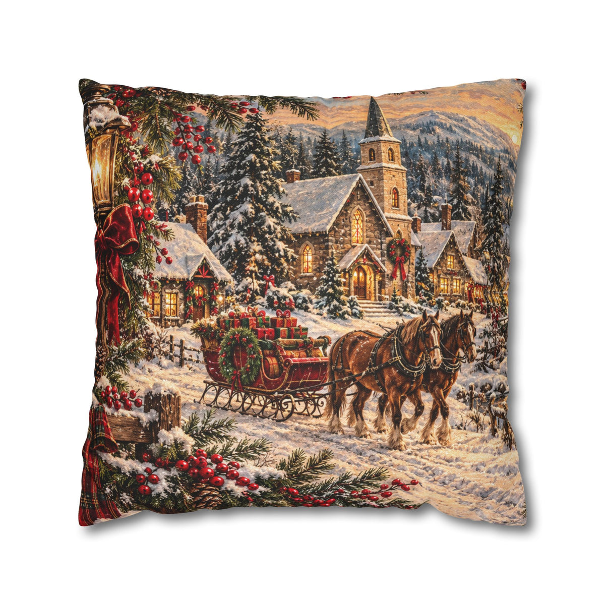 Christmas Village Horse-Drawn Sleigh Decorative Pillowcase