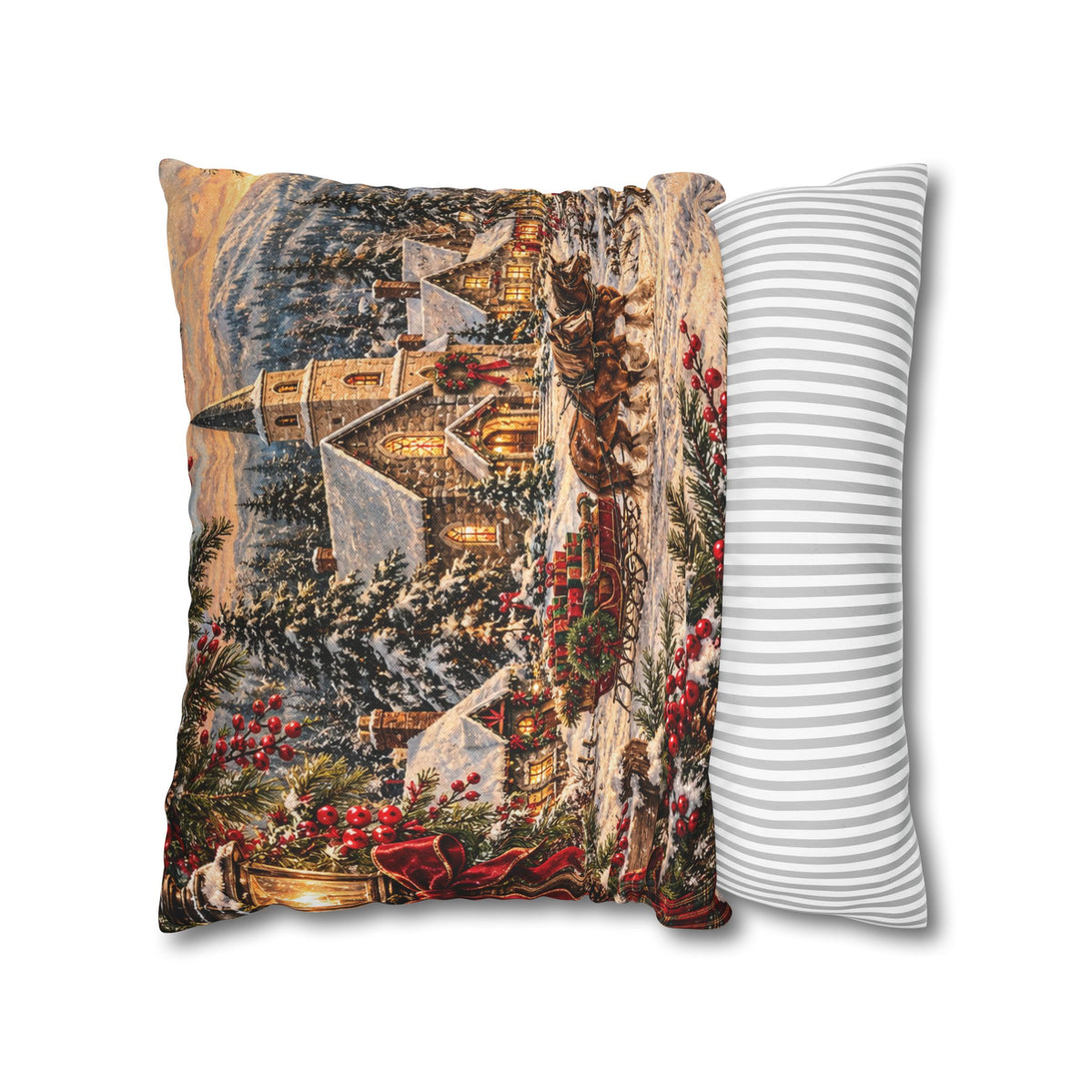 Christmas Village Horse-Drawn Sleigh Decorative Pillowcase