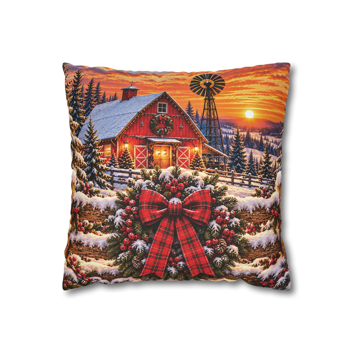 Christmas Barn and Cow Double Sided Pillowcase — Rustic Holiday Throw Pillow Cover