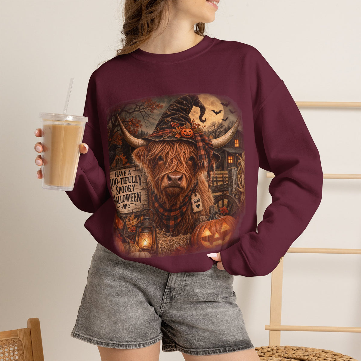 Halloween Highland Cow Sweatshirt – "Have a Moo-tifully Spooky Halloween" Crewneck-Flour and Foundry Mercantile Co.