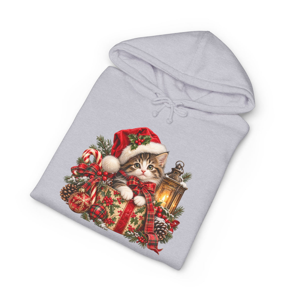 Christmas Cat Hoodie – Cute Kitten in Santa Hat with Lantern Holiday Sweatshirt