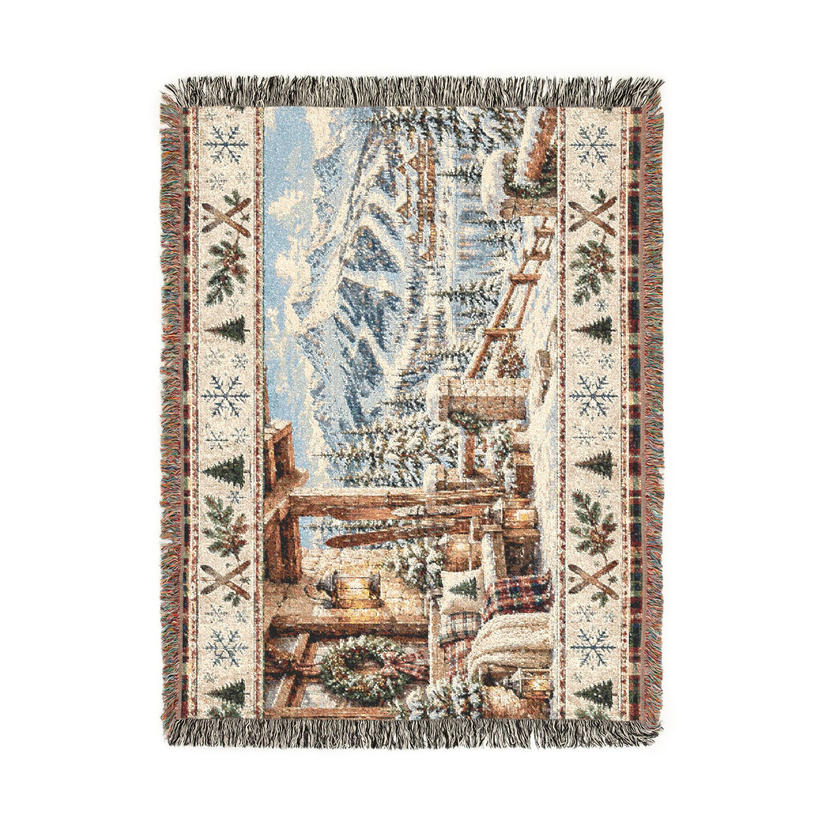 Vintage Ski Lodge Woven Blanket – Rustic Mountain Cabin Winter Throw