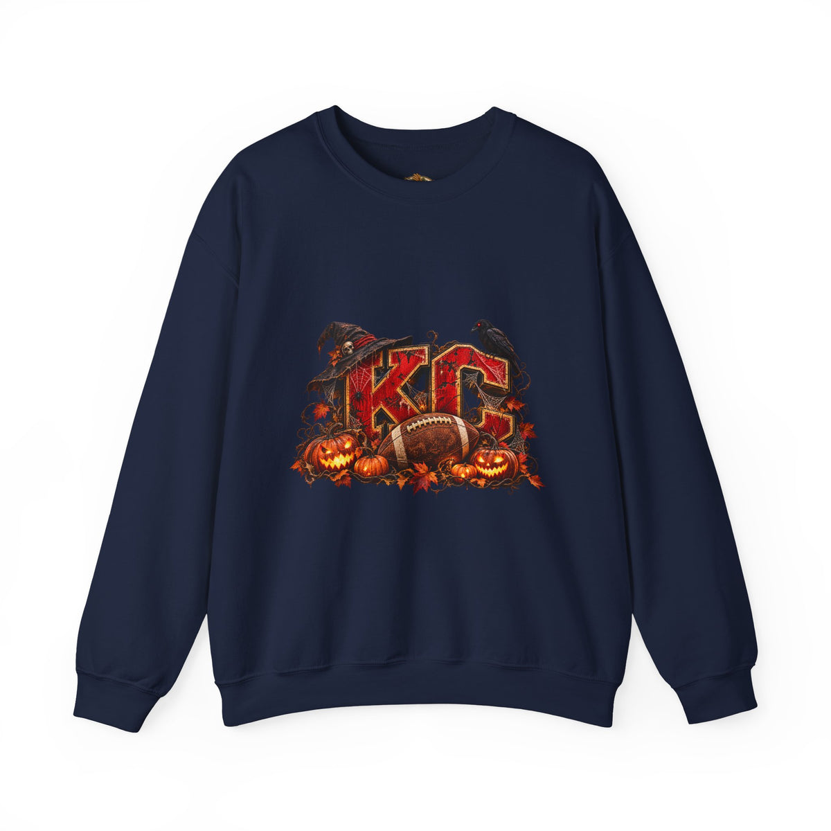 KC Halloween Crewneck Sweatshirt — Haunted Pumpkin Football Design-Flour and Foundry Meercantile Co.