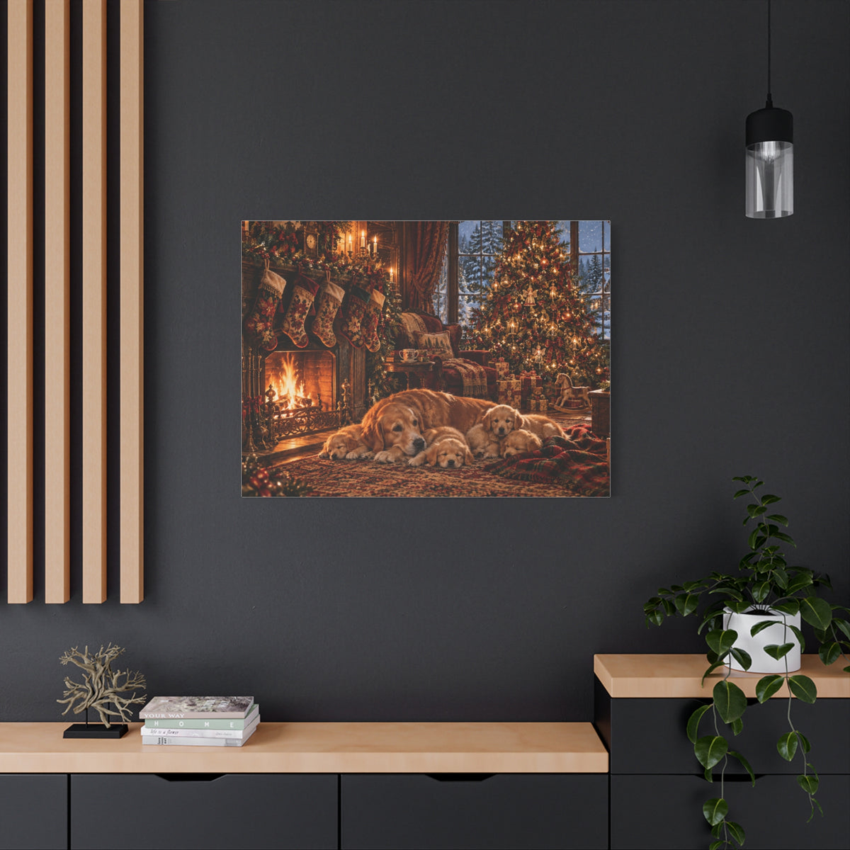 Cozy Christmas Dogs by the Fireplace Canvas Wall Art