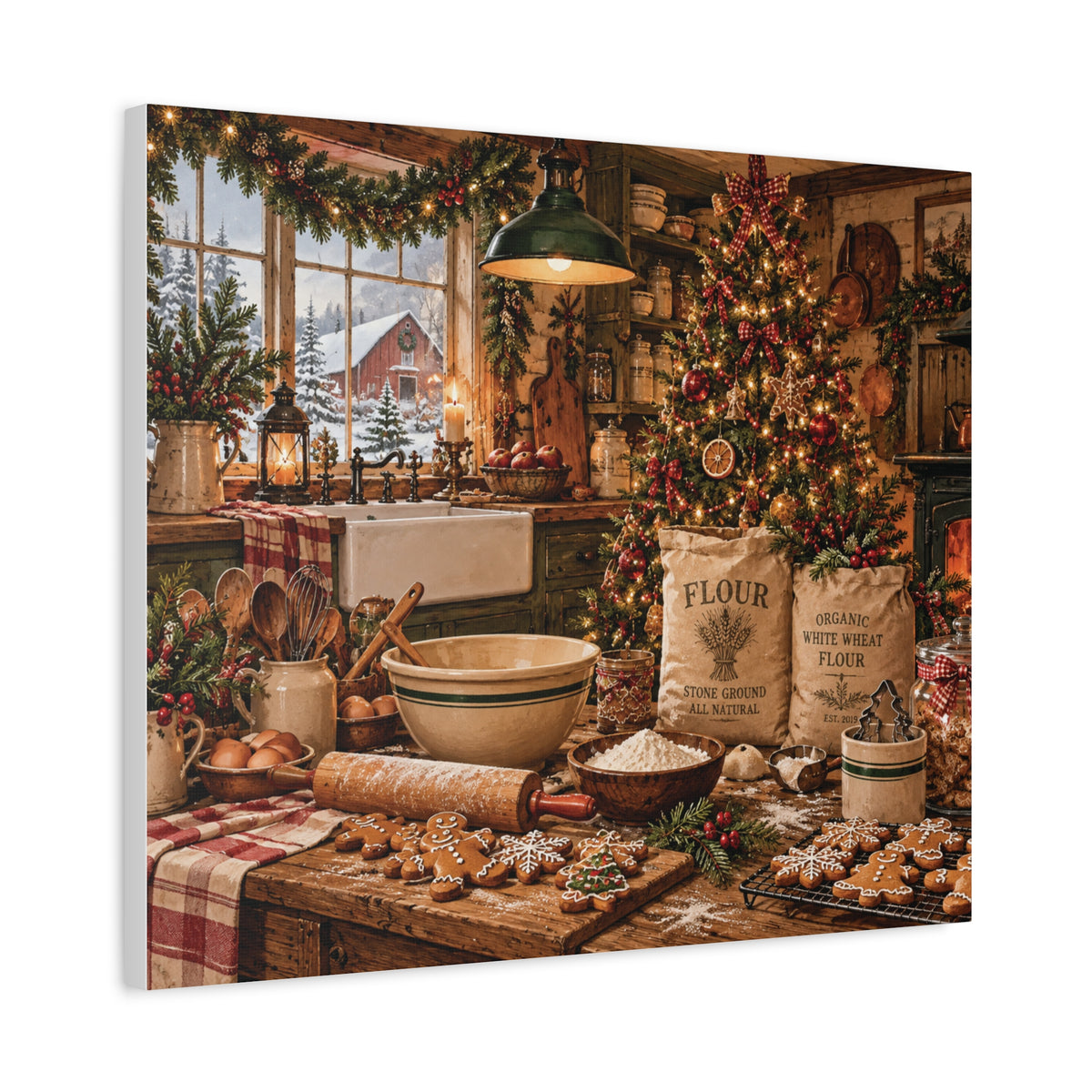 Christmas Kitchen Canvas Wall Art — Cozy Holiday Baking Scene, Rustic Farmhouse Holiday Decor