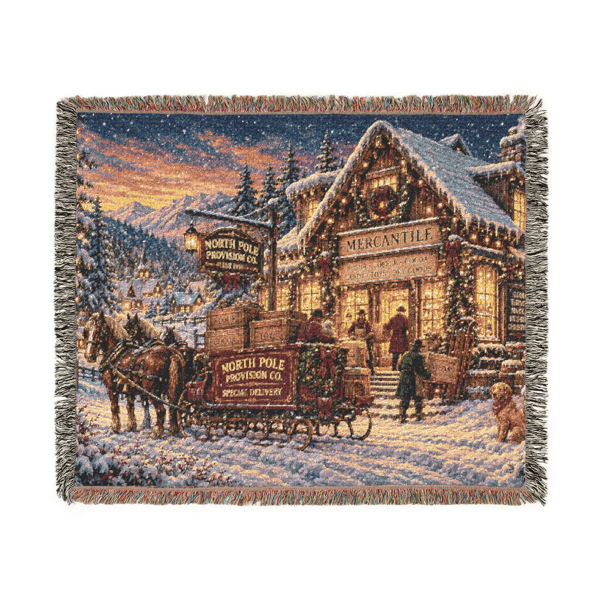 Victorian Christmas Village Woven Blanket | Holiday Cabin Tapestry Throw