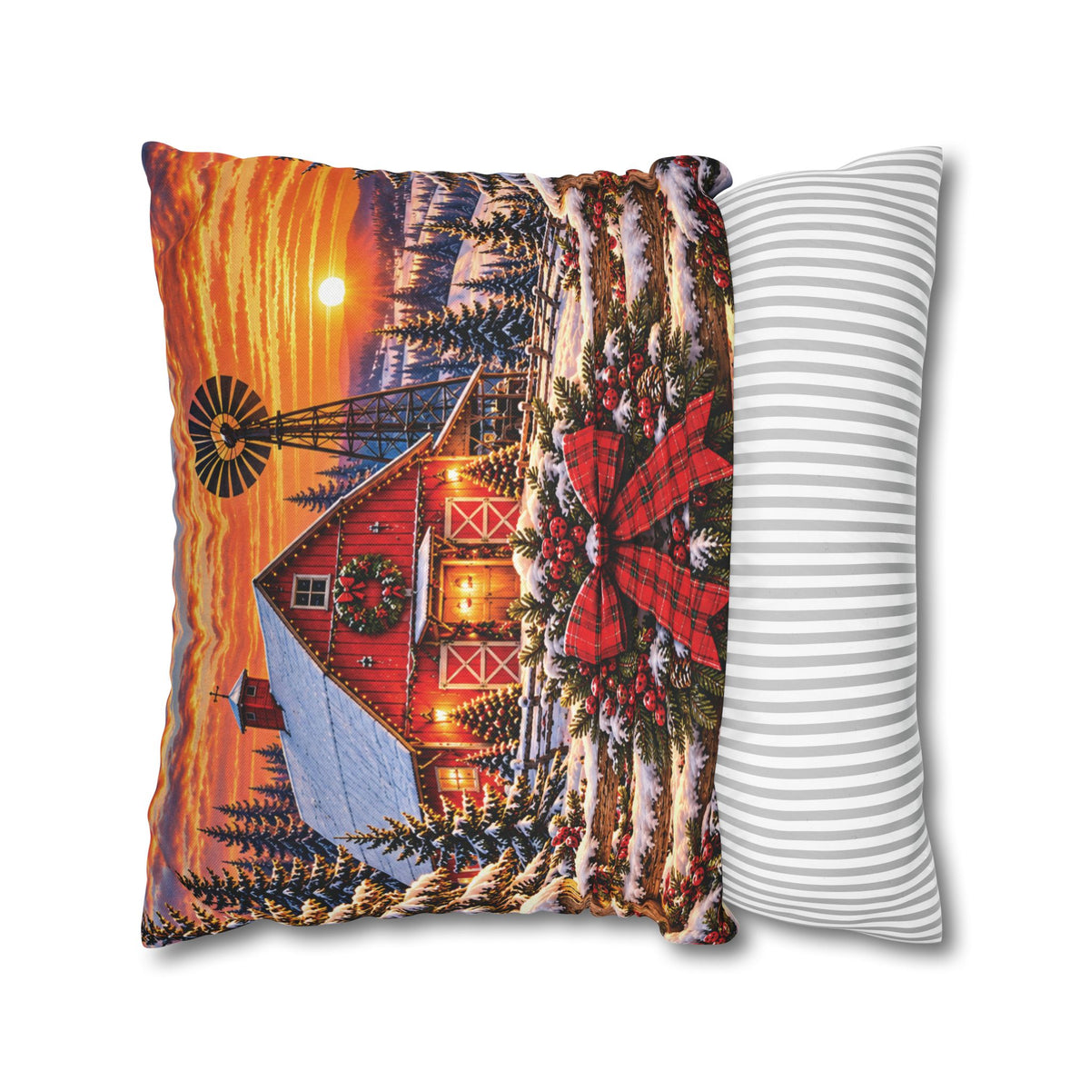 Christmas Barn and Cow Double Sided Pillowcase — Rustic Holiday Throw Pillow Cover