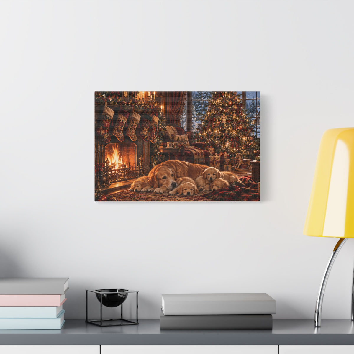 Cozy Christmas Dogs by the Fireplace Canvas Wall Art
