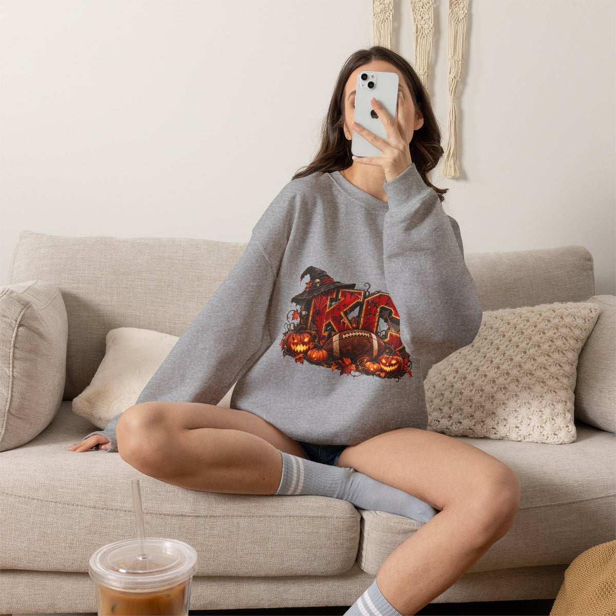 KC Halloween Crewneck Sweatshirt — Haunted Pumpkin Football Design-Flour and Foundry Meercantile Co.