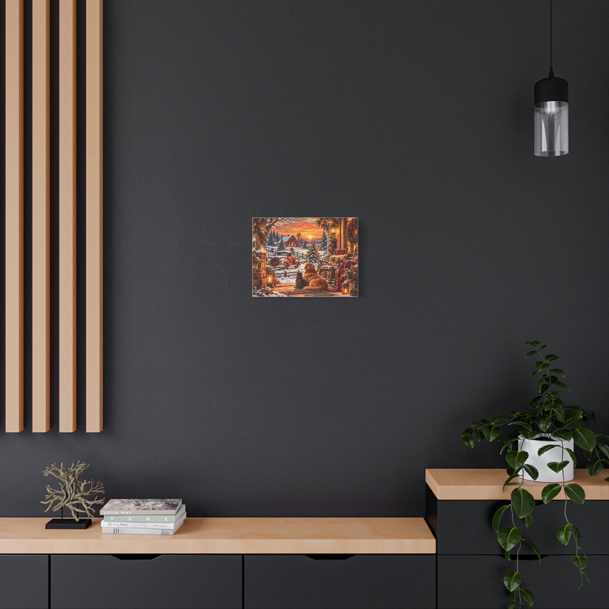 Snowy Winter Porch Scene with Dog & Cat-Christmas Farmhouse Canvas Print