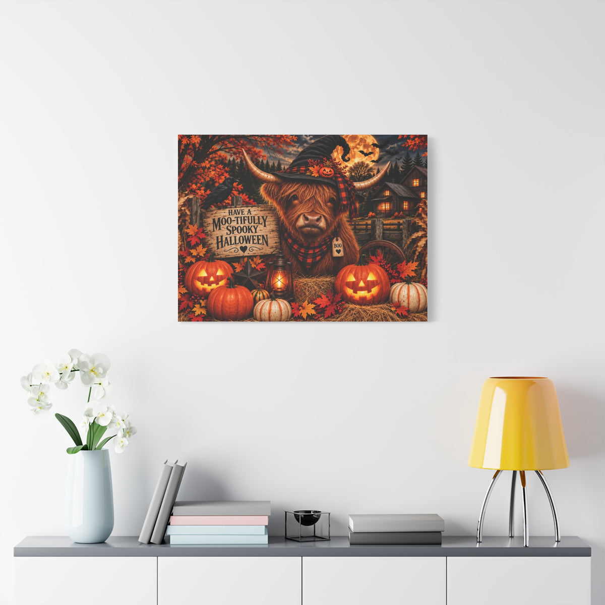 Halloween Highland Cow Canvas – "Have a Moo-tifully Spooky Halloween" Matte Stretched Wall Art