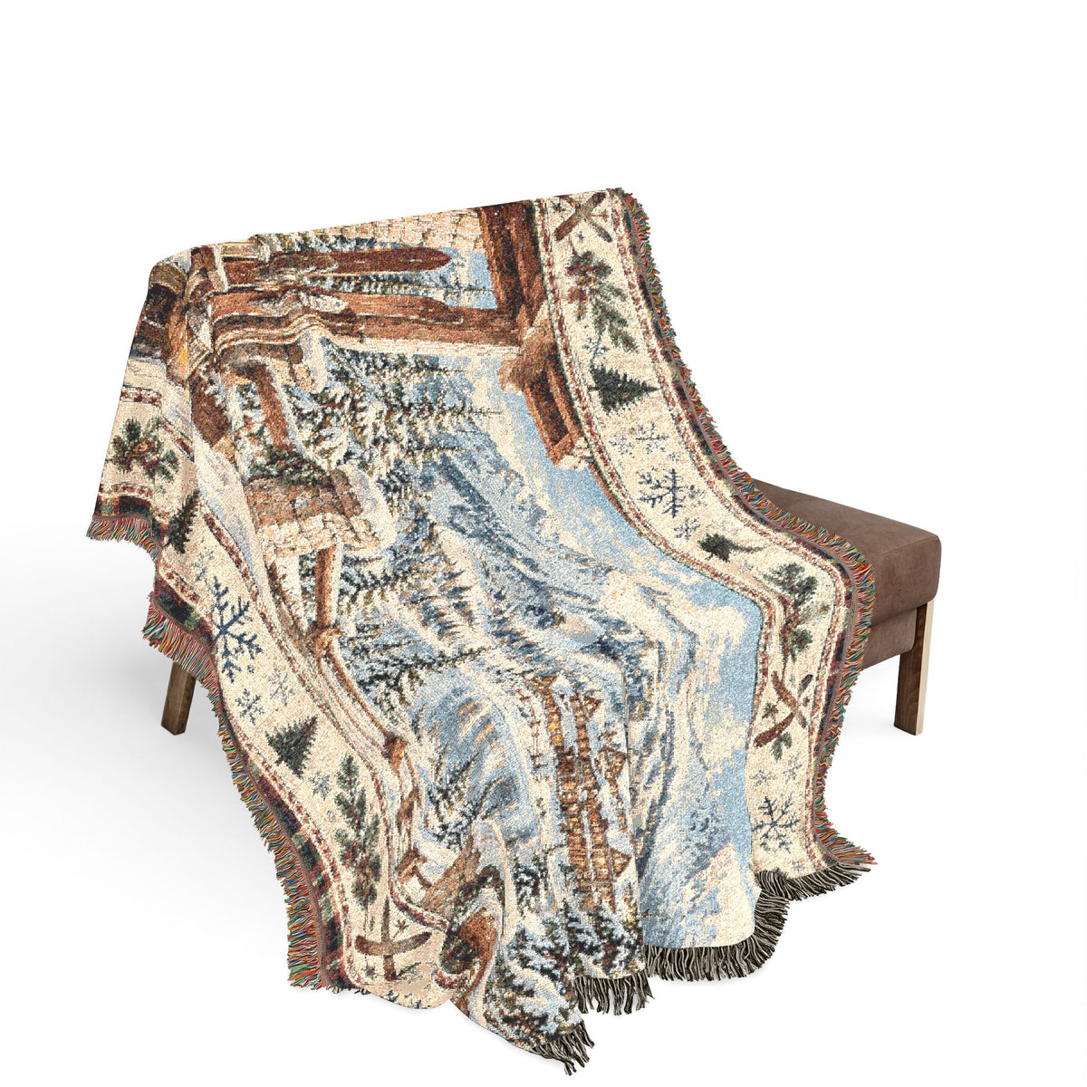 Vintage Ski Lodge Woven Blanket – Rustic Mountain Cabin Winter Throw