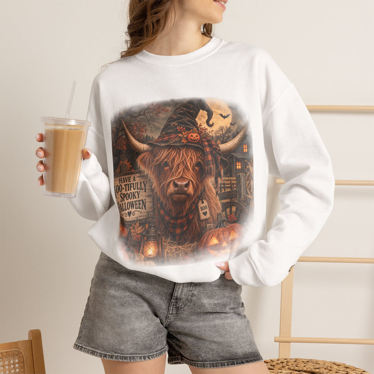 Halloween Highland Cow Sweatshirt – "Have a Moo-tifully Spooky Halloween" Crewneck-Flour and Foundry Mercantile Co.