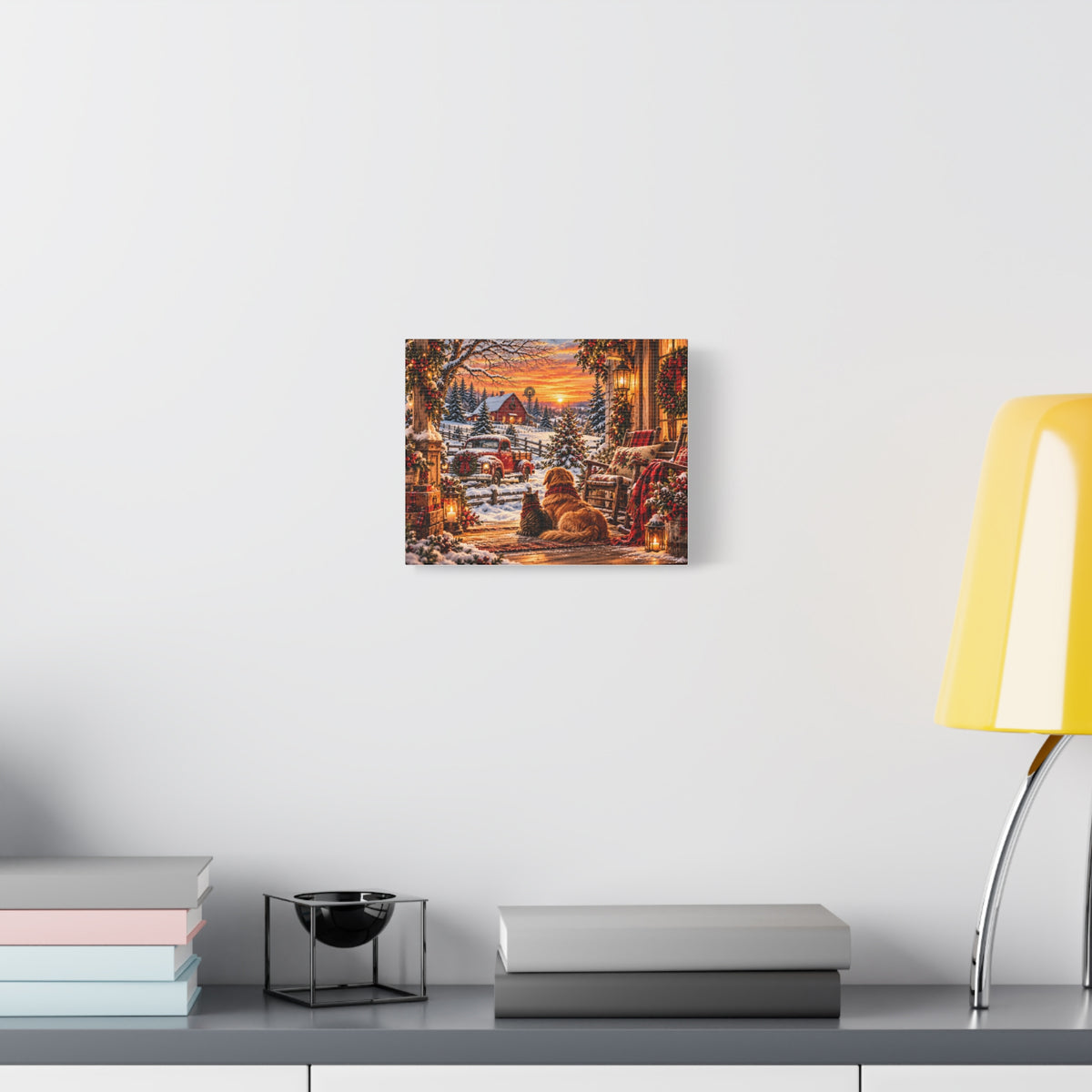 Snowy Winter Porch Scene with Dog & Cat-Christmas Farmhouse Canvas Print