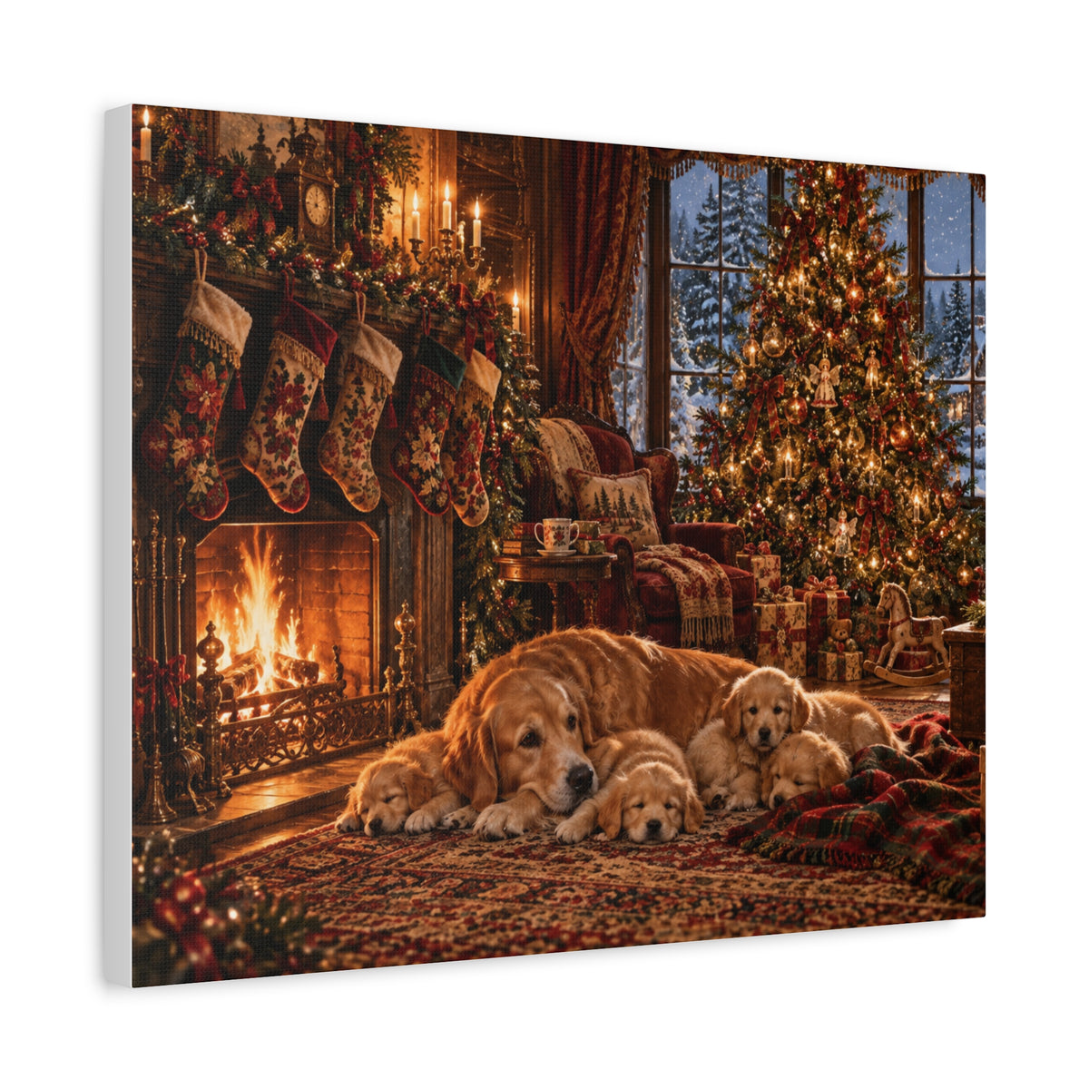 Cozy Christmas Dogs by the Fireplace Canvas Wall Art
