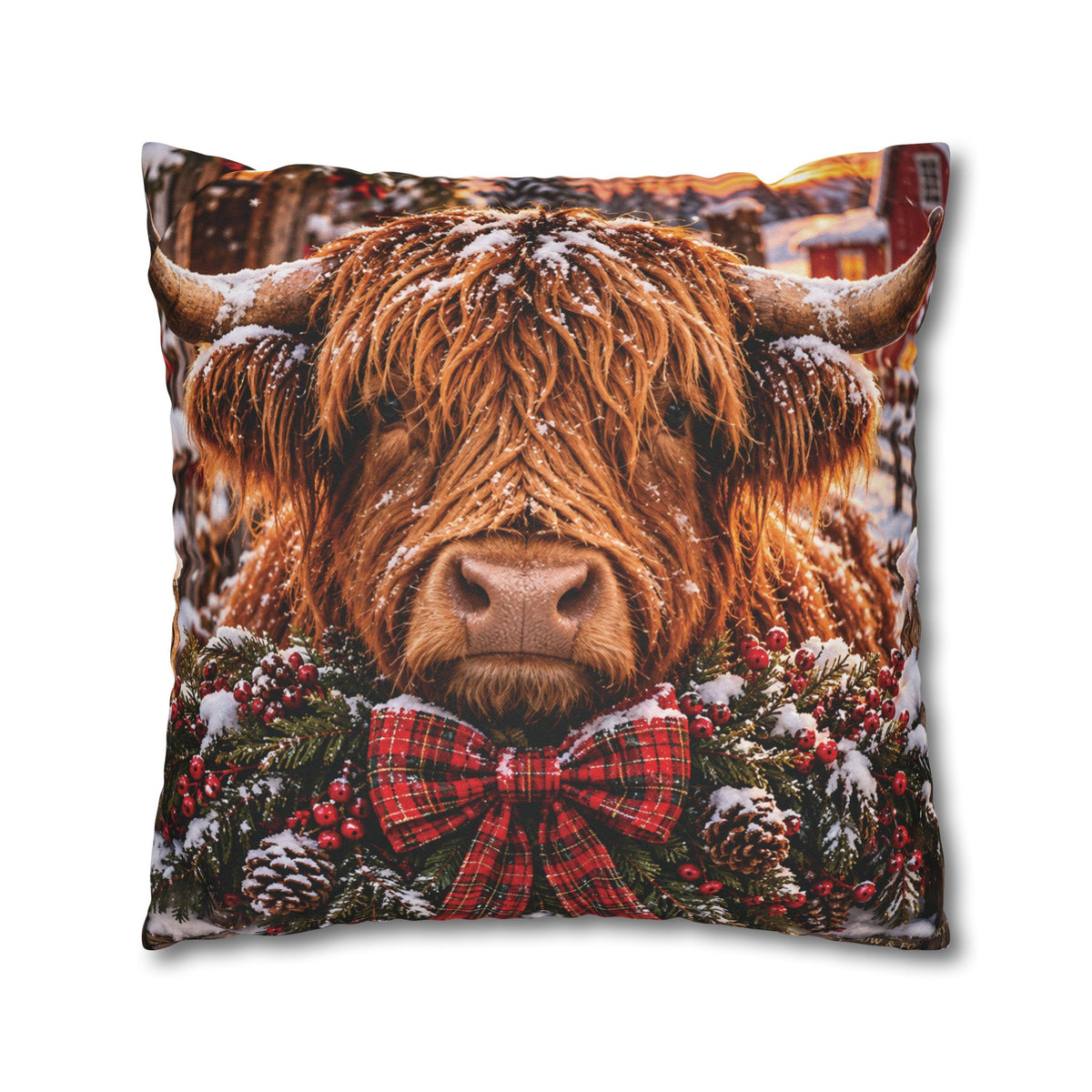 Christmas Barn and Cow Double Sided Pillowcase — Rustic Holiday Throw Pillow Cover