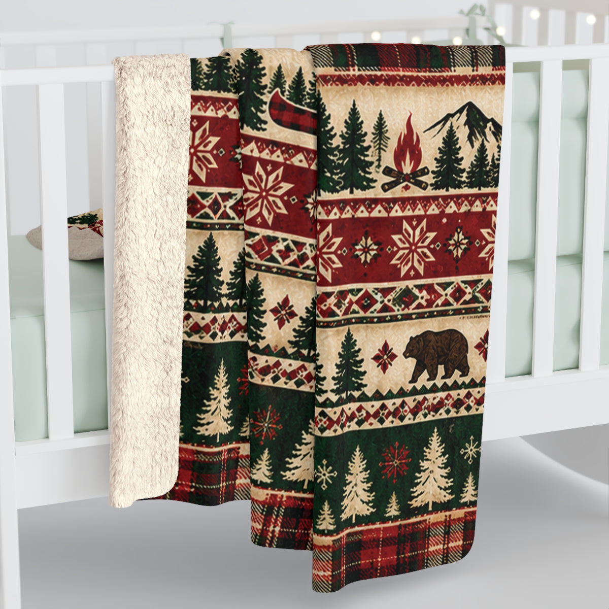 Rustic Lodge Sherpa Blanket — Cabin Plaid with Moose, Bears & Pine Trees