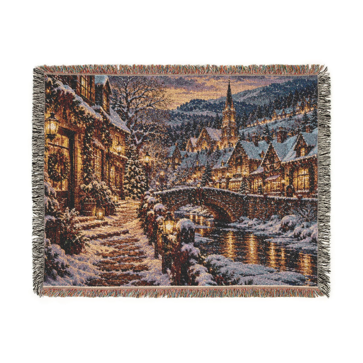 Snowy Alpine Village at Night Woven Blanket