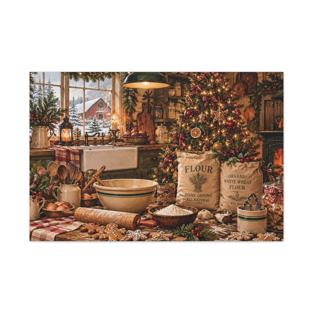 Christmas Kitchen Canvas Wall Art — Cozy Holiday Baking Scene, Rustic Farmhouse Holiday Decor