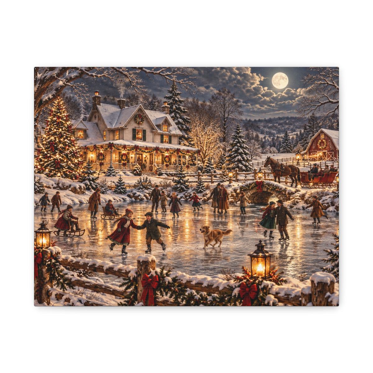 Christmas Village Ice Skating Matte Canvas Wall Art