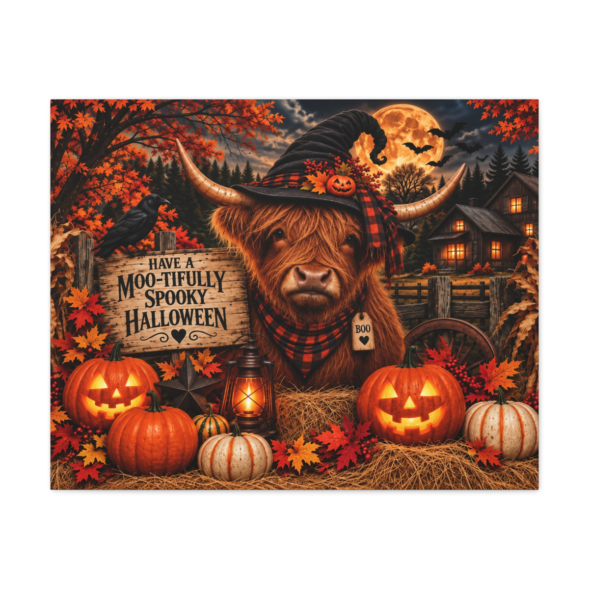 Halloween Highland Cow Canvas – "Have a Moo-tifully Spooky Halloween" Matte Stretched Wall Art