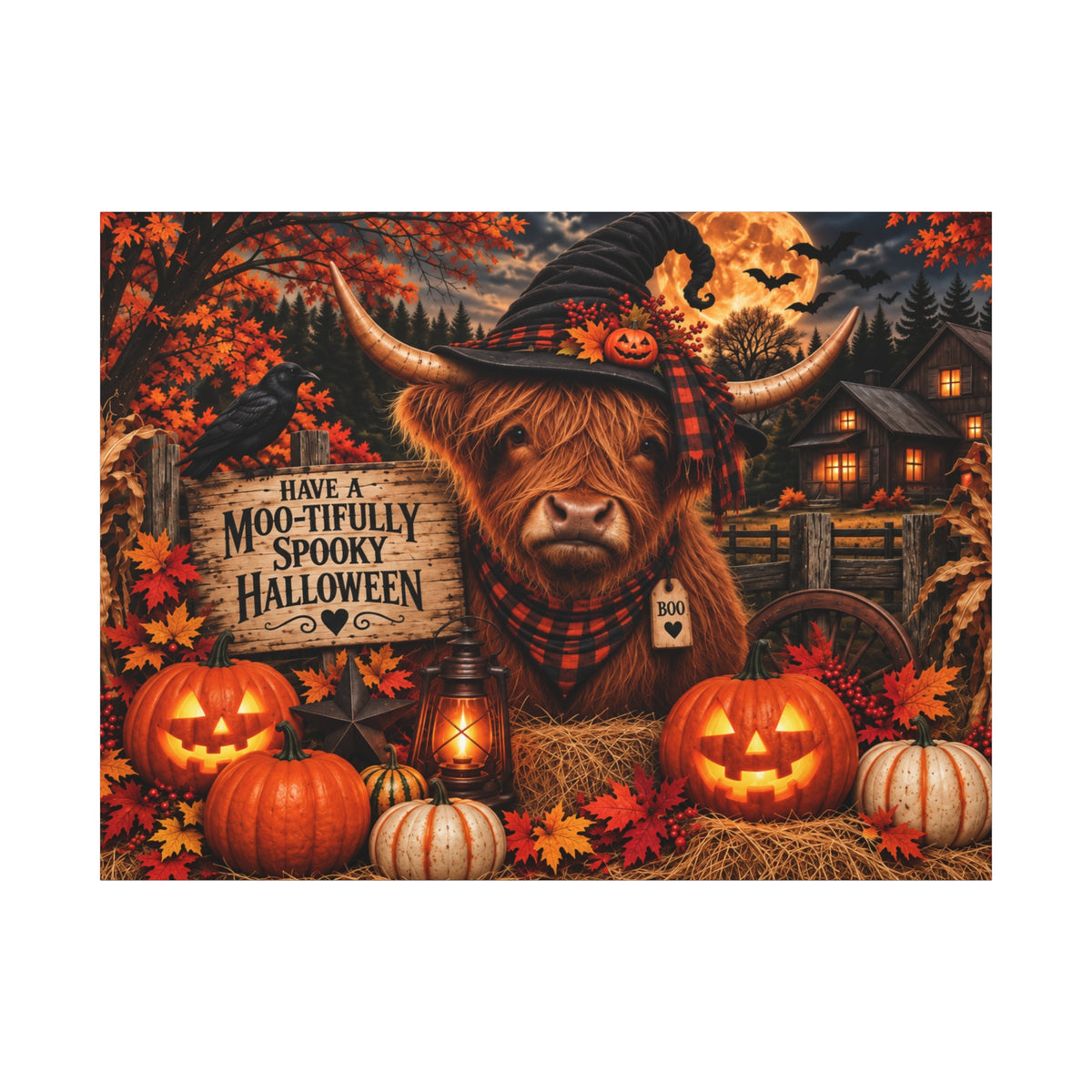 Halloween Highland Cow Canvas – "Have a Moo-tifully Spooky Halloween" Matte Stretched Wall Art