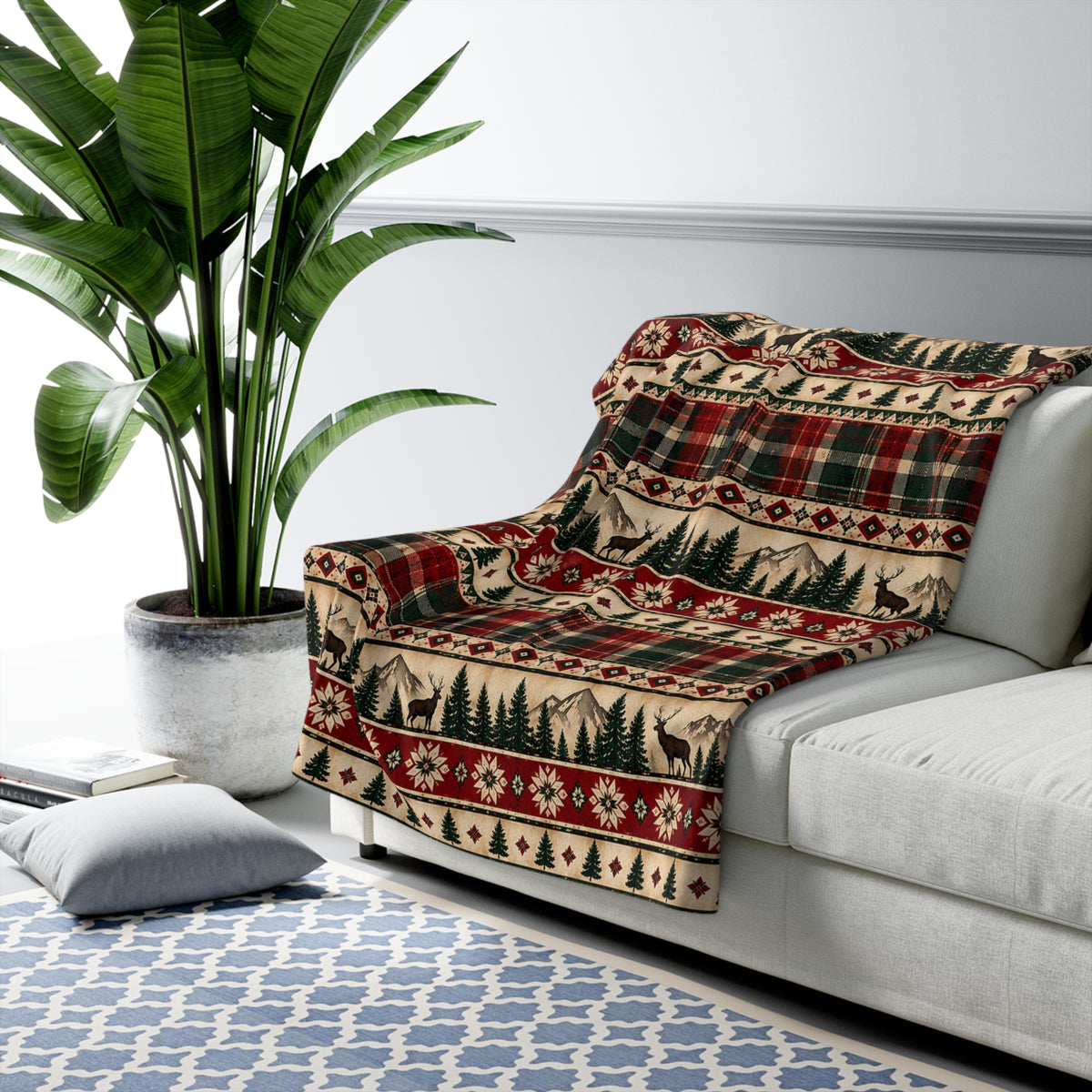 Plaid, Deer & Pine Holiday Fleece Throw-Rustic Lodge Sherpa Blanket