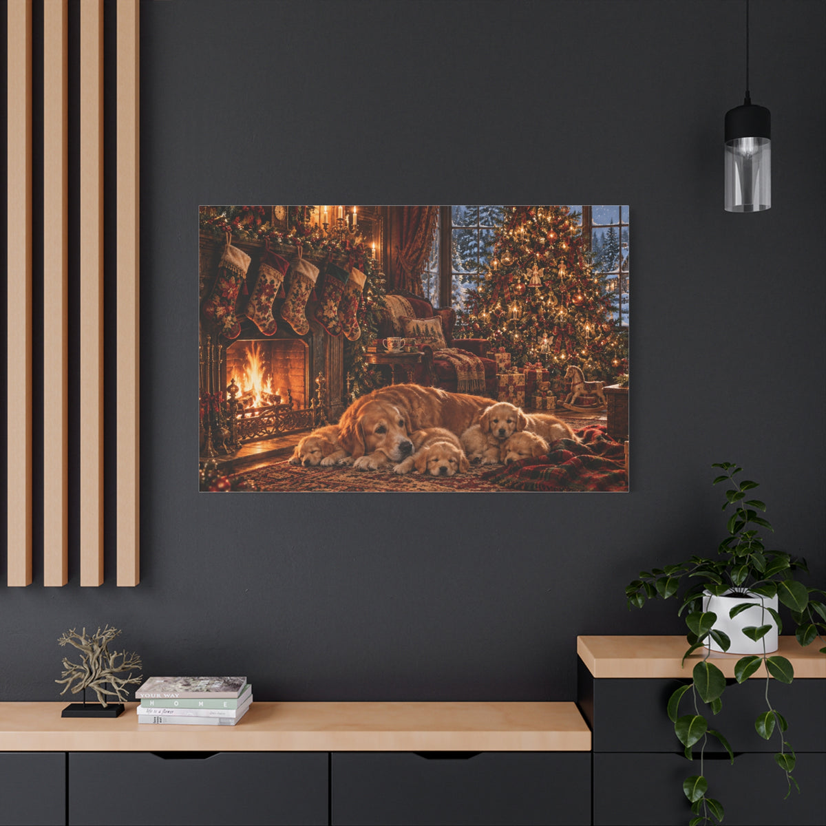 Cozy Christmas Dogs by the Fireplace Canvas Wall Art