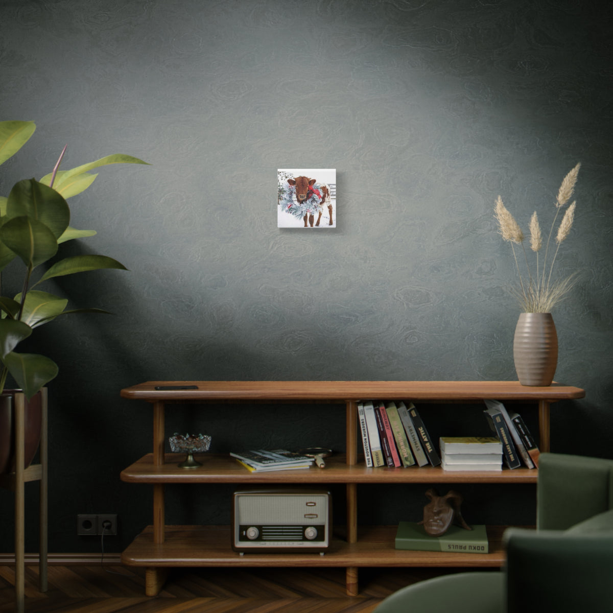 Holiday Calf Canvas Print — Festive Cow with Wreath Wall Art