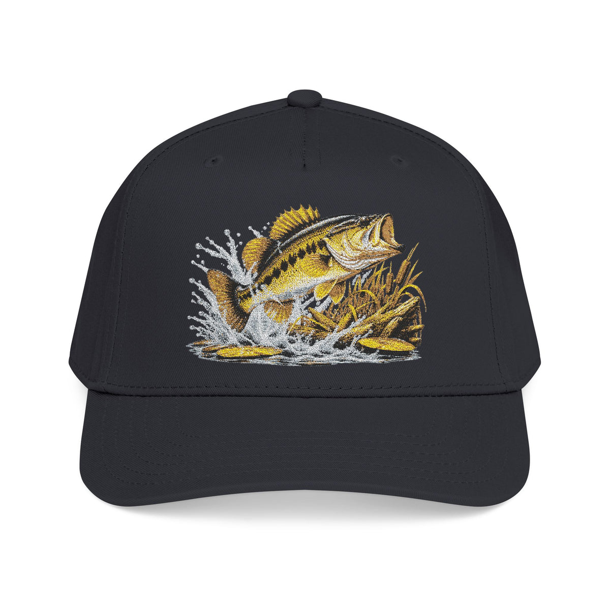 Fishing Bass Cap — Embroidered Jumping Bass Mid-Profile Baseball Hat