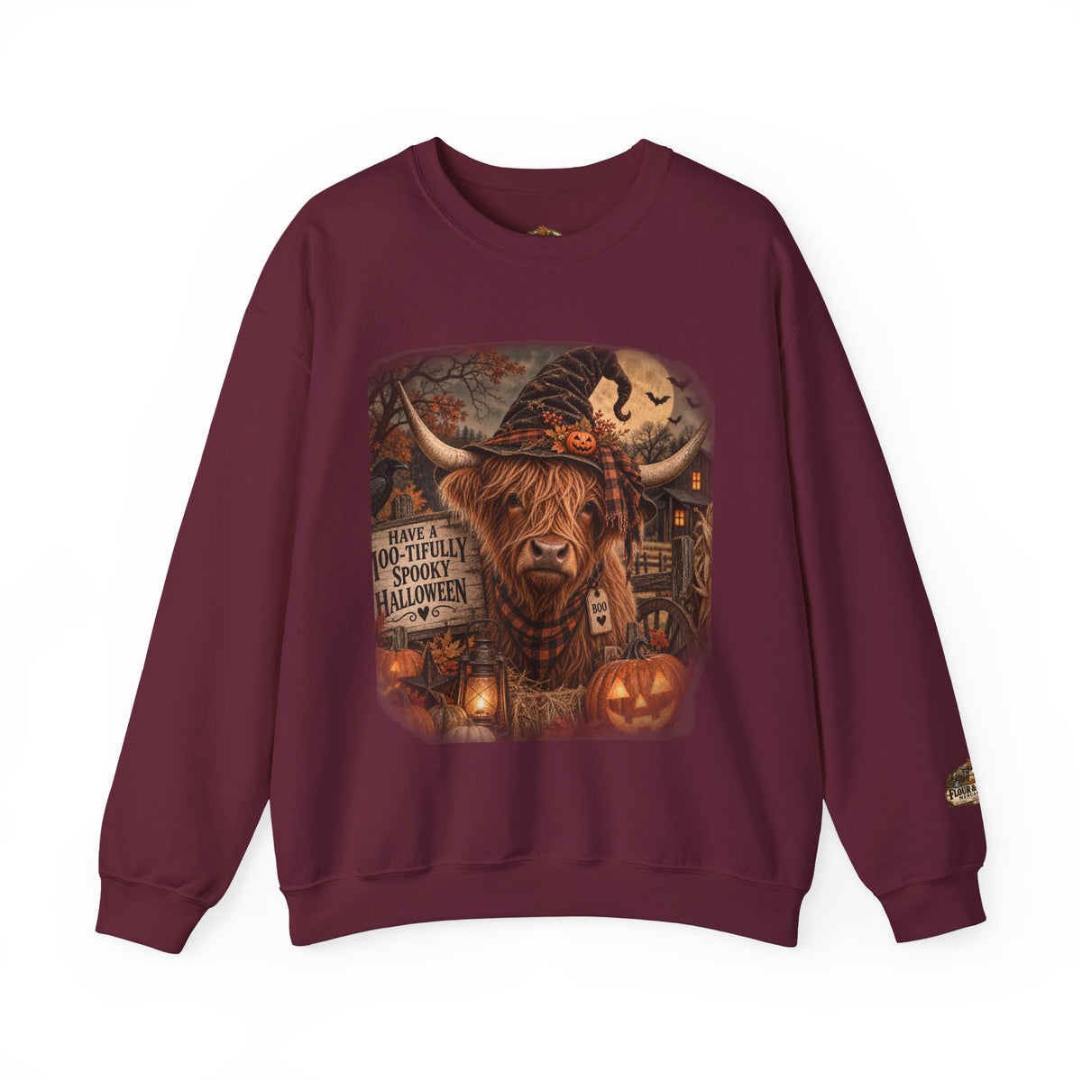 Halloween Highland Cow Sweatshirt – "Have a Moo-tifully Spooky Halloween" Crewneck-Flour and Foundry Mercantile Co.