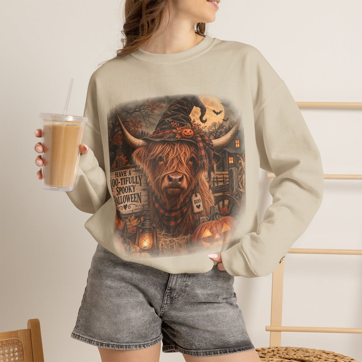 Halloween Highland Cow Sweatshirt – "Have a Moo-tifully Spooky Halloween" Crewneck-Flour and Foundry Mercantile Co.