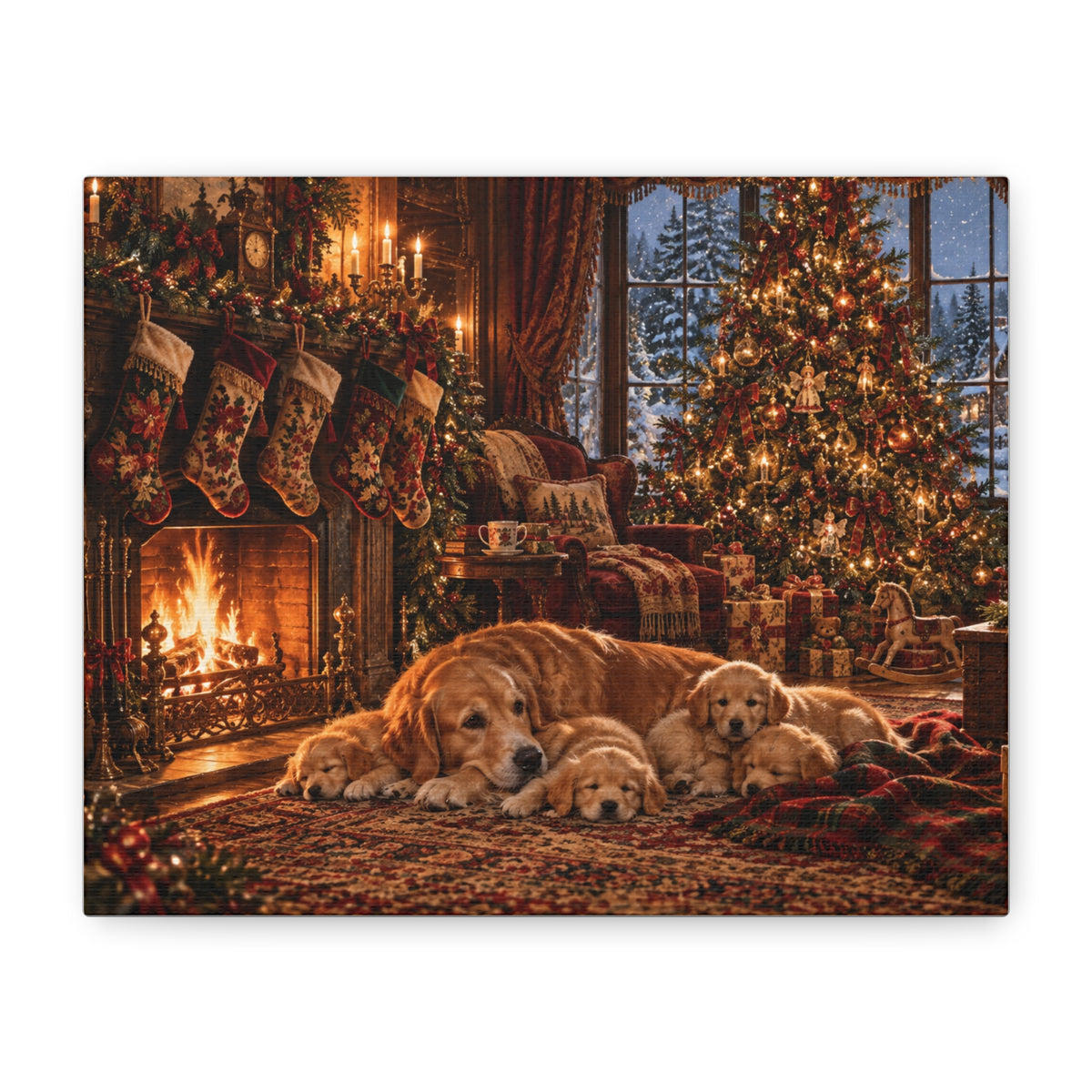 Cozy Christmas Dogs by the Fireplace Canvas Wall Art