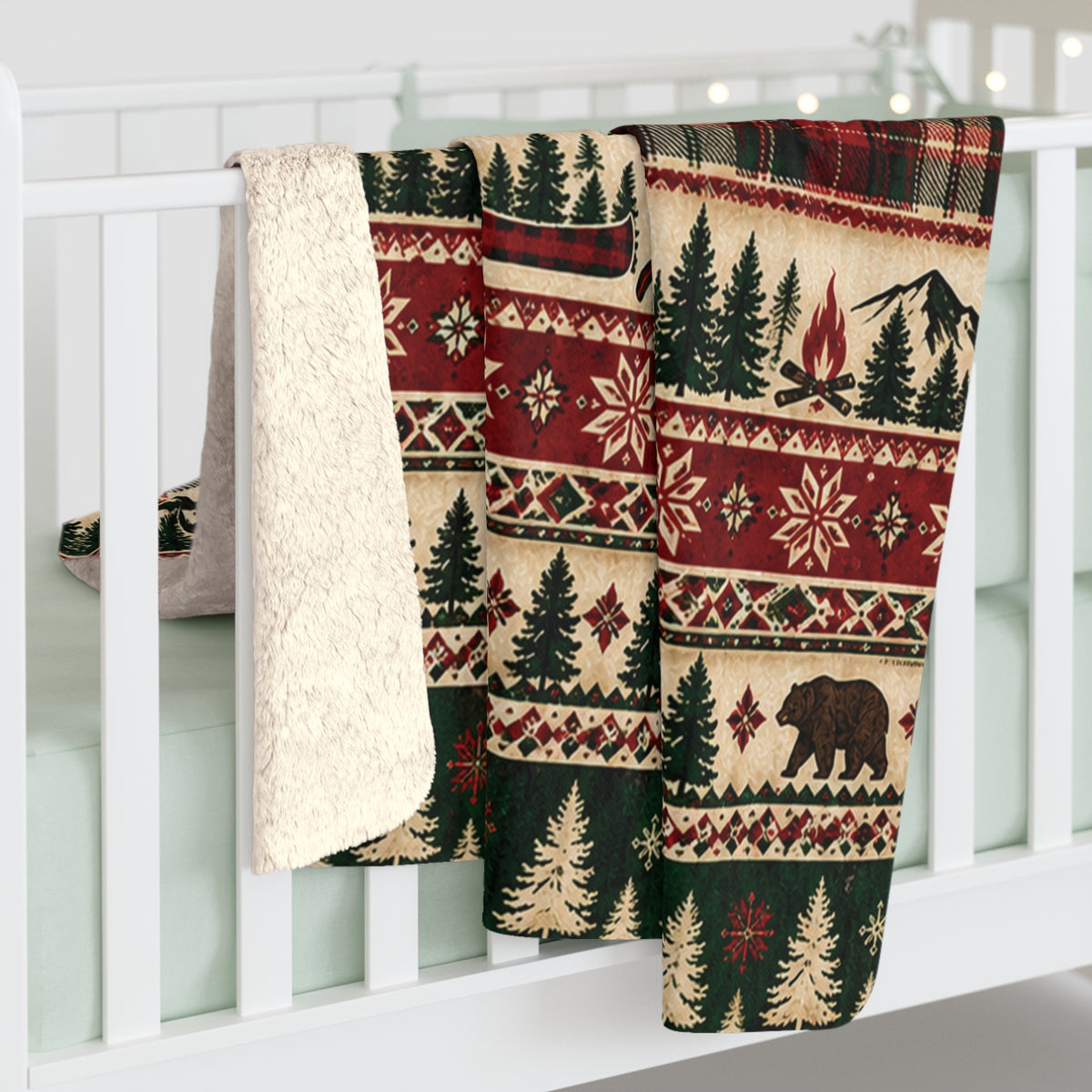 Rustic Lodge Sherpa Blanket — Cabin Plaid with Moose, Bears & Pine Trees
