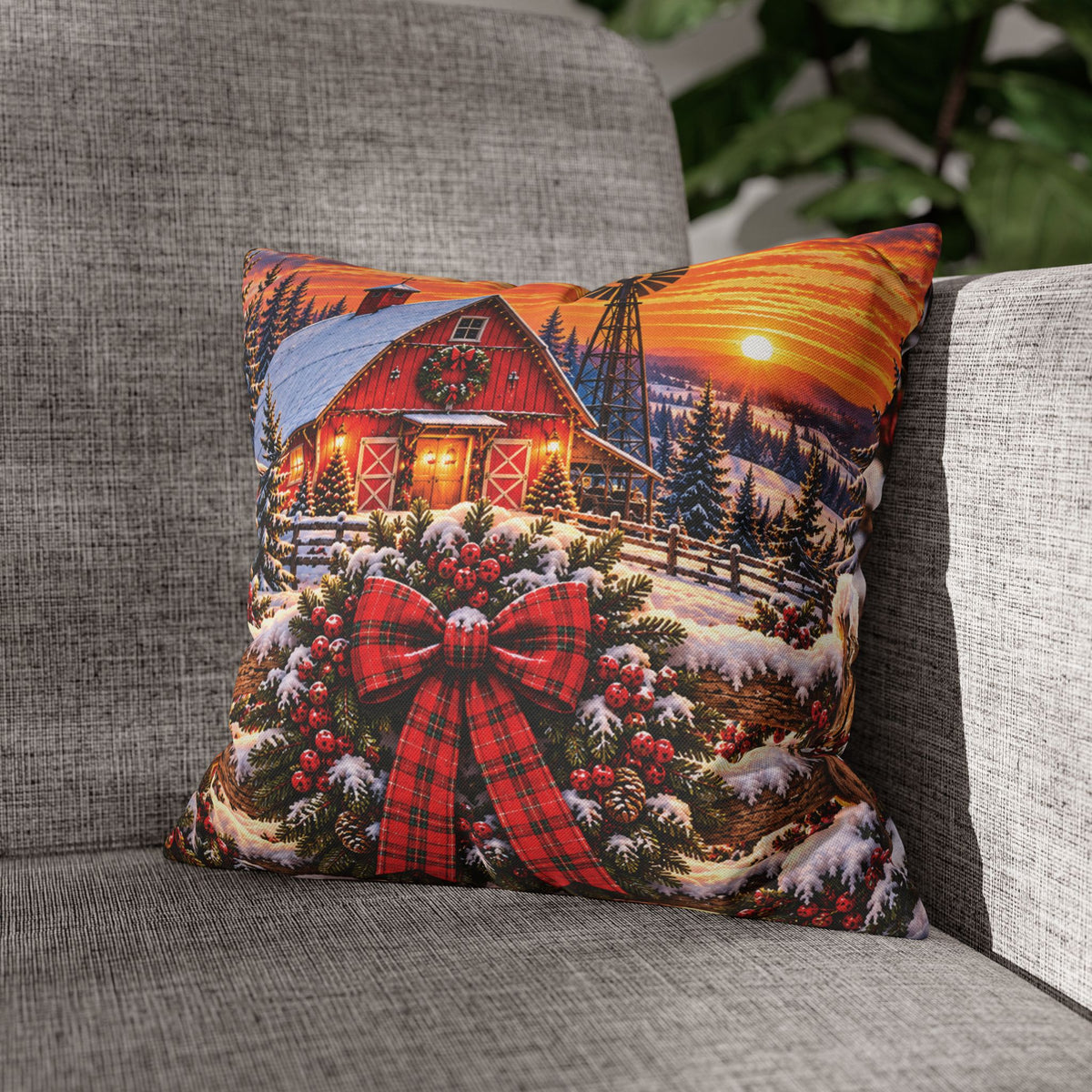 Christmas Barn and Cow Double Sided Pillowcase — Rustic Holiday Throw Pillow Cover