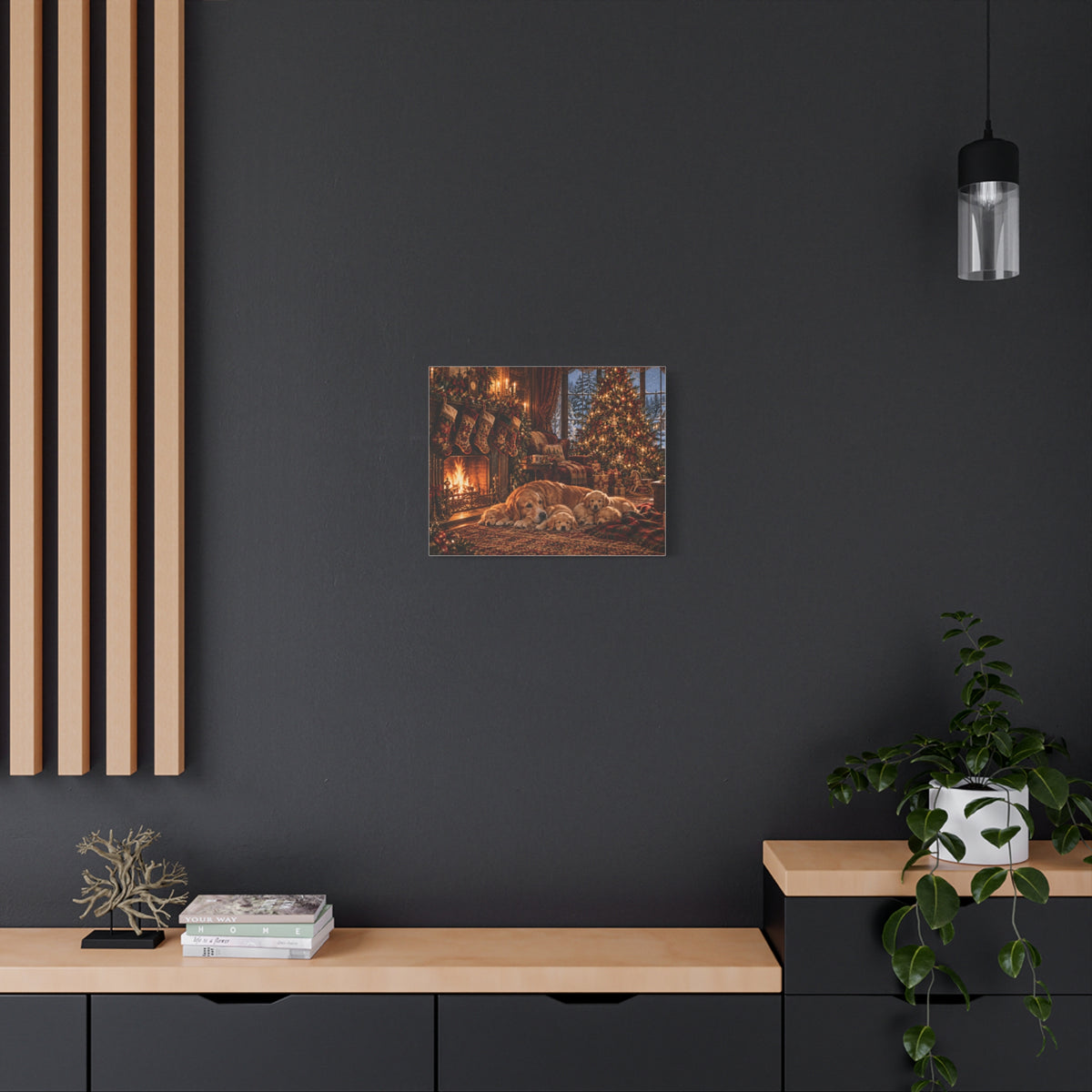 Cozy Christmas Dogs by the Fireplace Canvas Wall Art