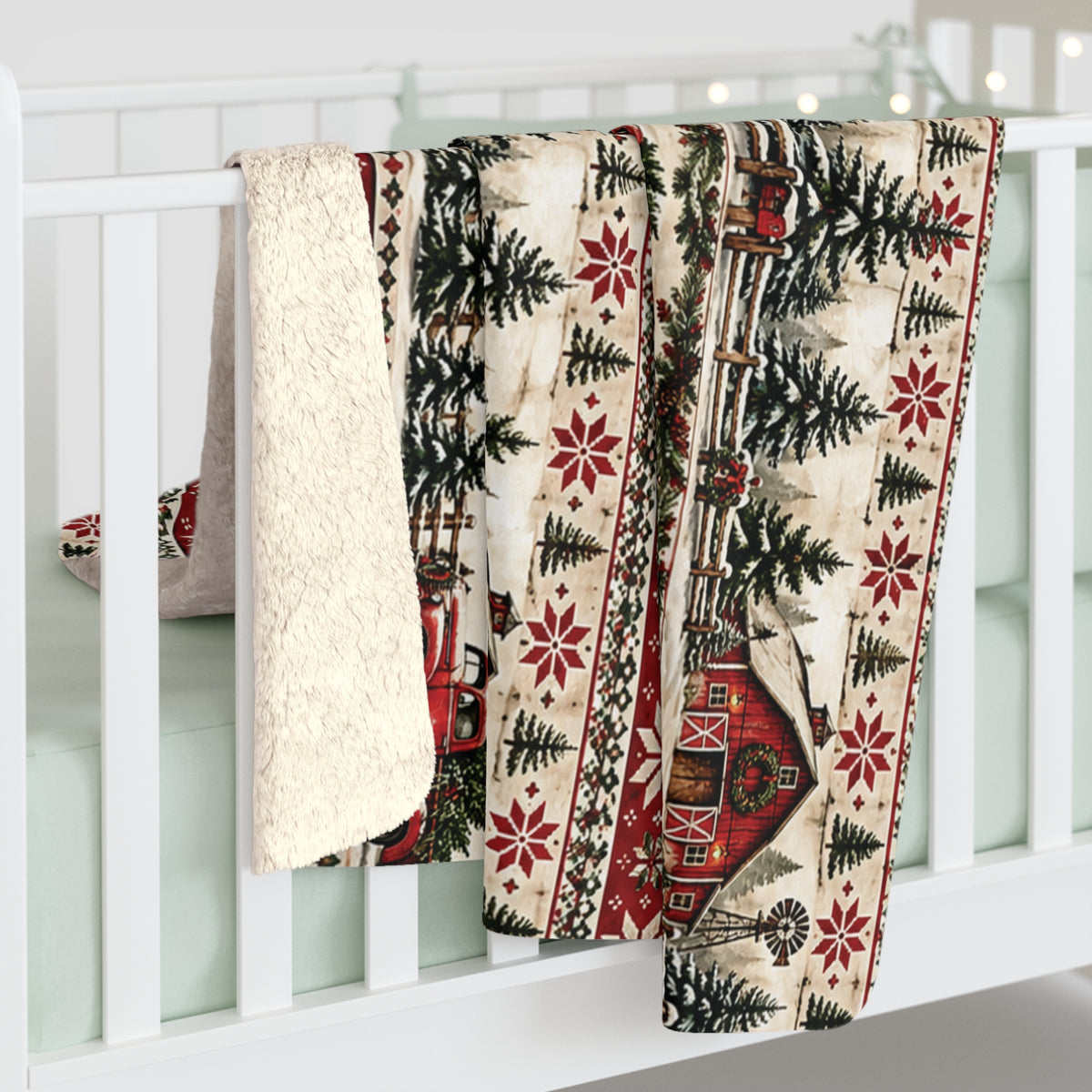 Rustic Red Christmas Truck and Barn Sherpa Blanket – Cozy Cabin Christmas Fleece