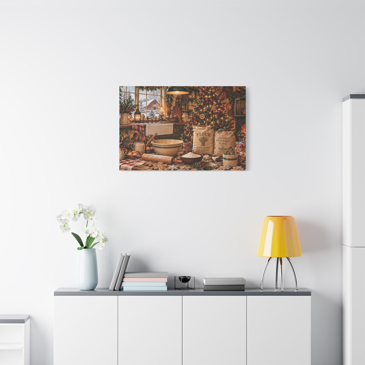 Christmas Kitchen Canvas Wall Art — Cozy Holiday Baking Scene, Rustic Farmhouse Holiday Decor