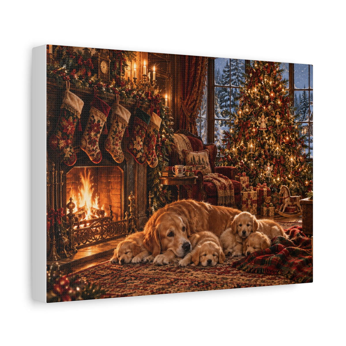 Cozy Christmas Dogs by the Fireplace Canvas Wall Art