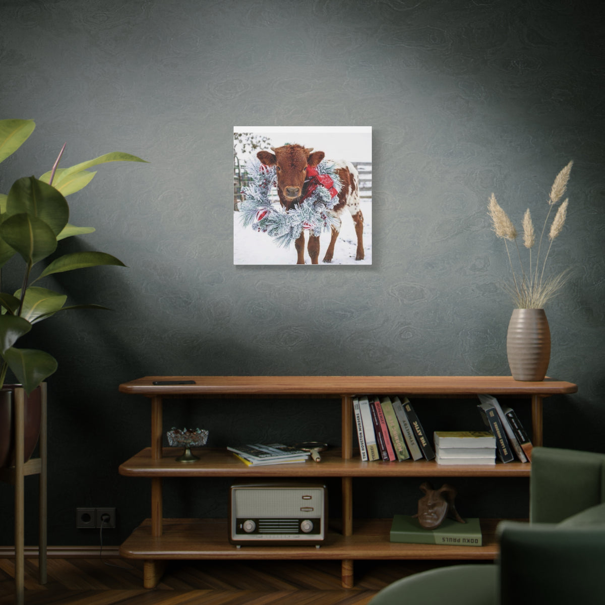 Holiday Calf Canvas Print — Festive Cow with Wreath Wall Art