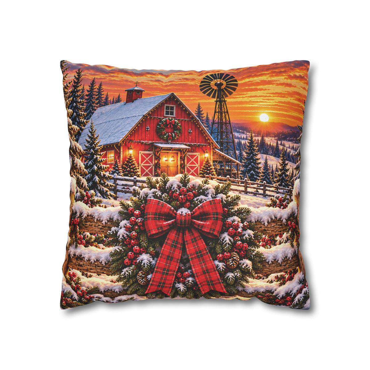 Christmas Barn and Cow Double Sided Pillowcase — Rustic Holiday Throw Pillow Cover