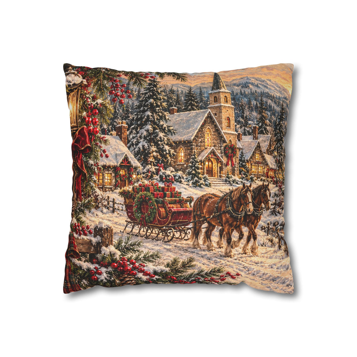 Christmas Village Horse-Drawn Sleigh Decorative Pillowcase