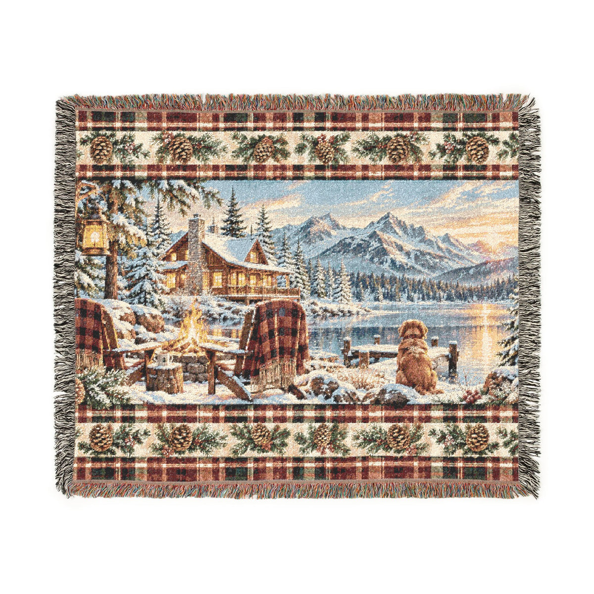 Rustic Mountain Lodge Woven Blanket – Winter Cabin, Golden Retriever and Lake Throw