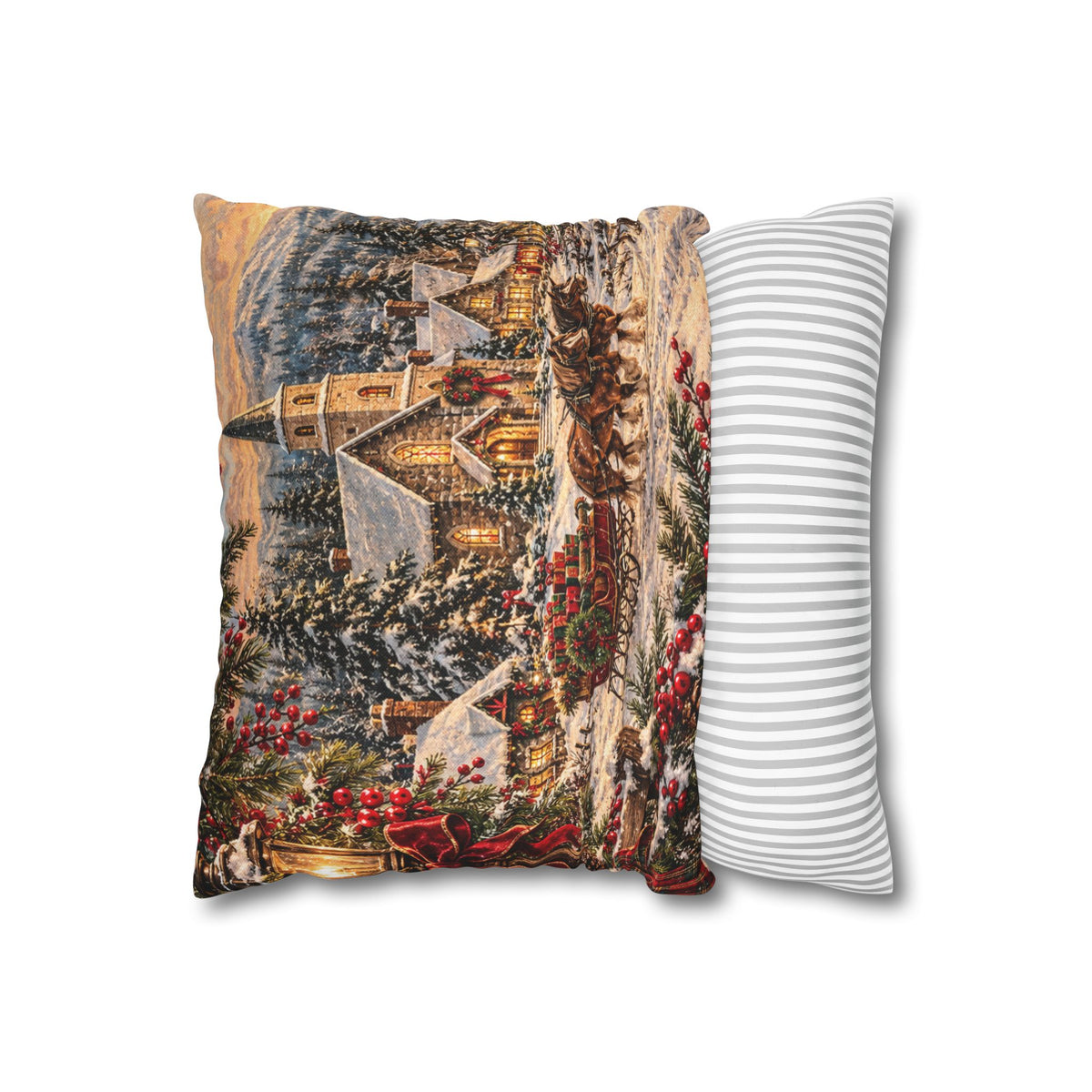 Christmas Village Horse-Drawn Sleigh Decorative Pillowcase
