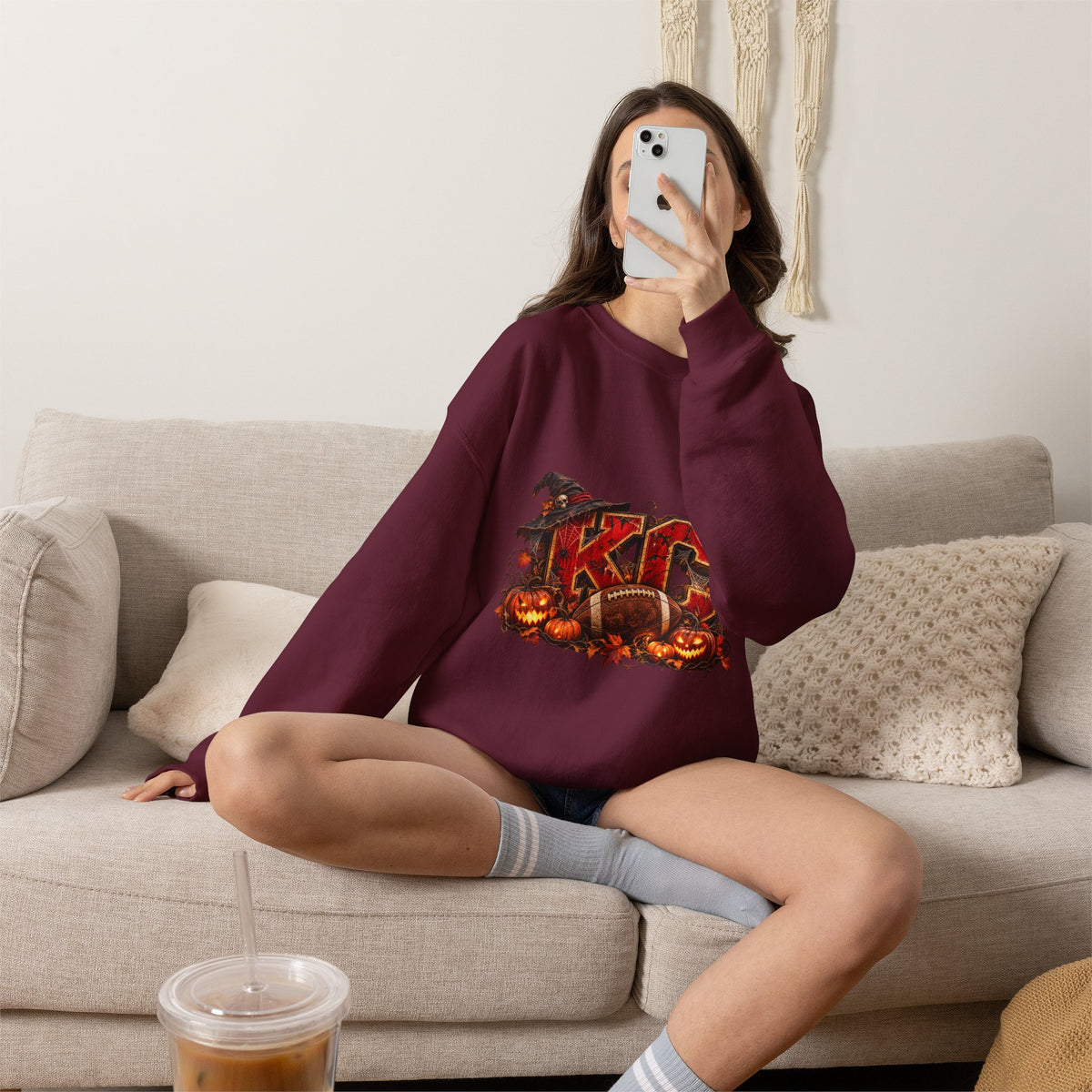 KC Halloween Crewneck Sweatshirt — Haunted Pumpkin Football Design-Flour and Foundry Meercantile Co.