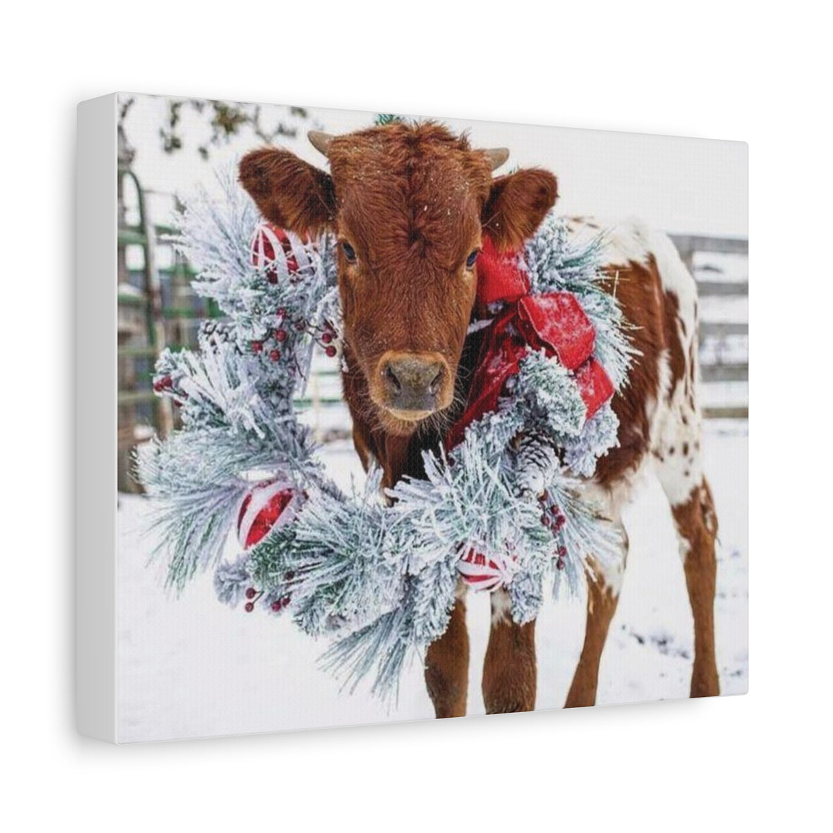 Holiday Calf Canvas Print — Festive Cow with Wreath Wall Art