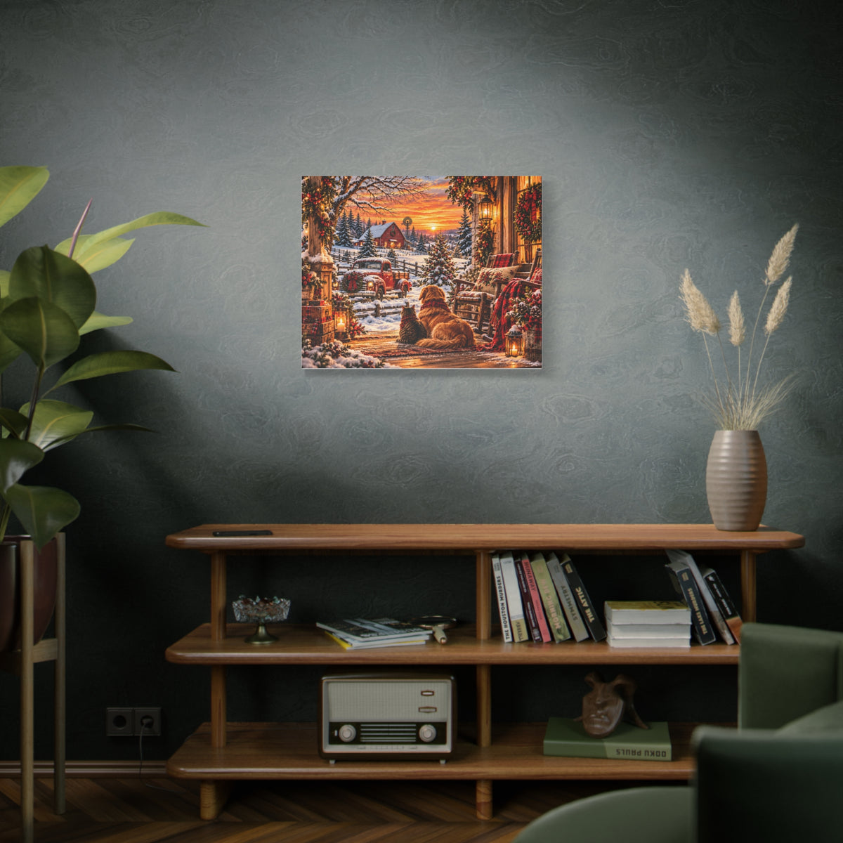 Snowy Winter Porch Scene with Dog & Cat-Christmas Farmhouse Canvas Print