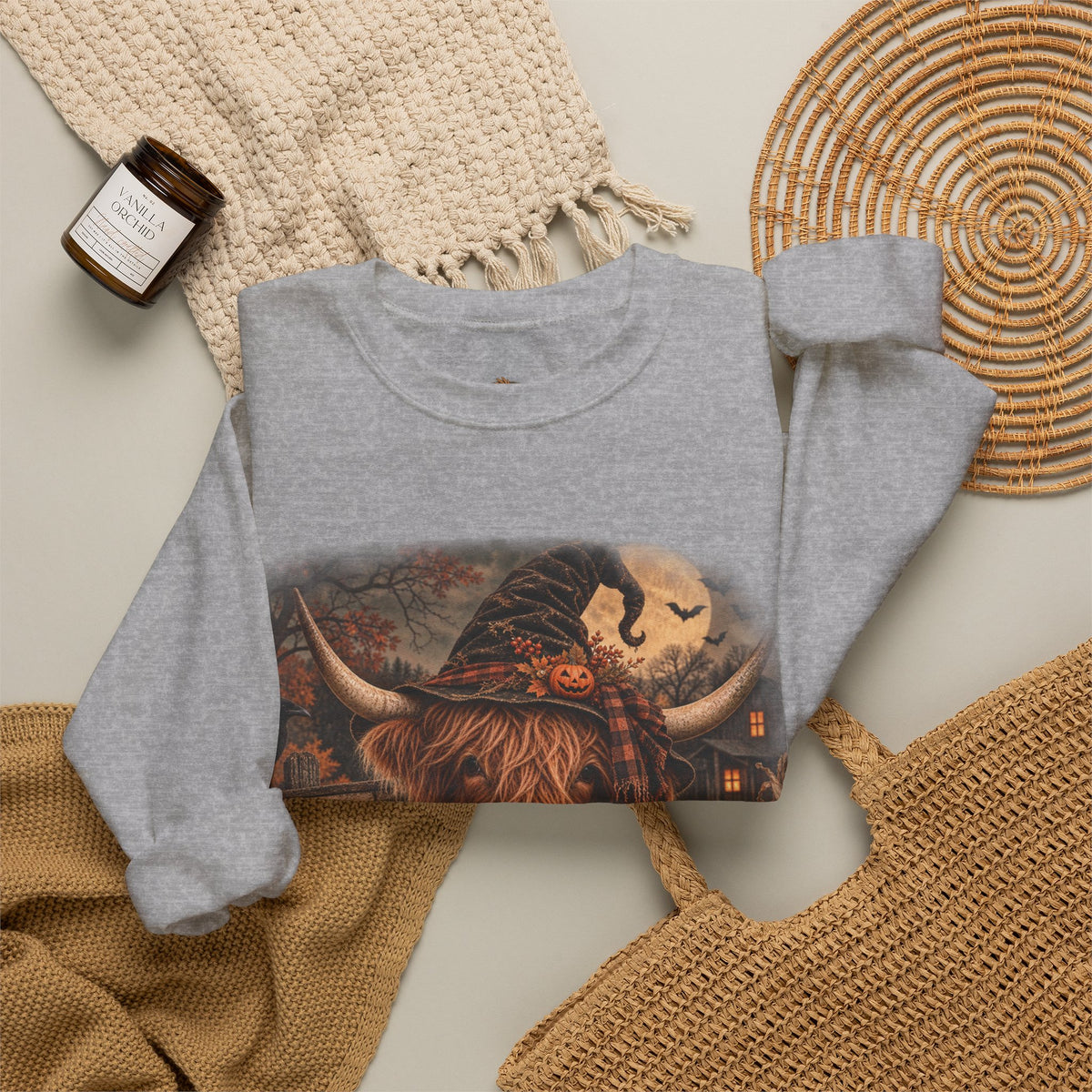 Halloween Highland Cow Sweatshirt – "Have a Moo-tifully Spooky Halloween" Crewneck-Flour and Foundry Mercantile Co.
