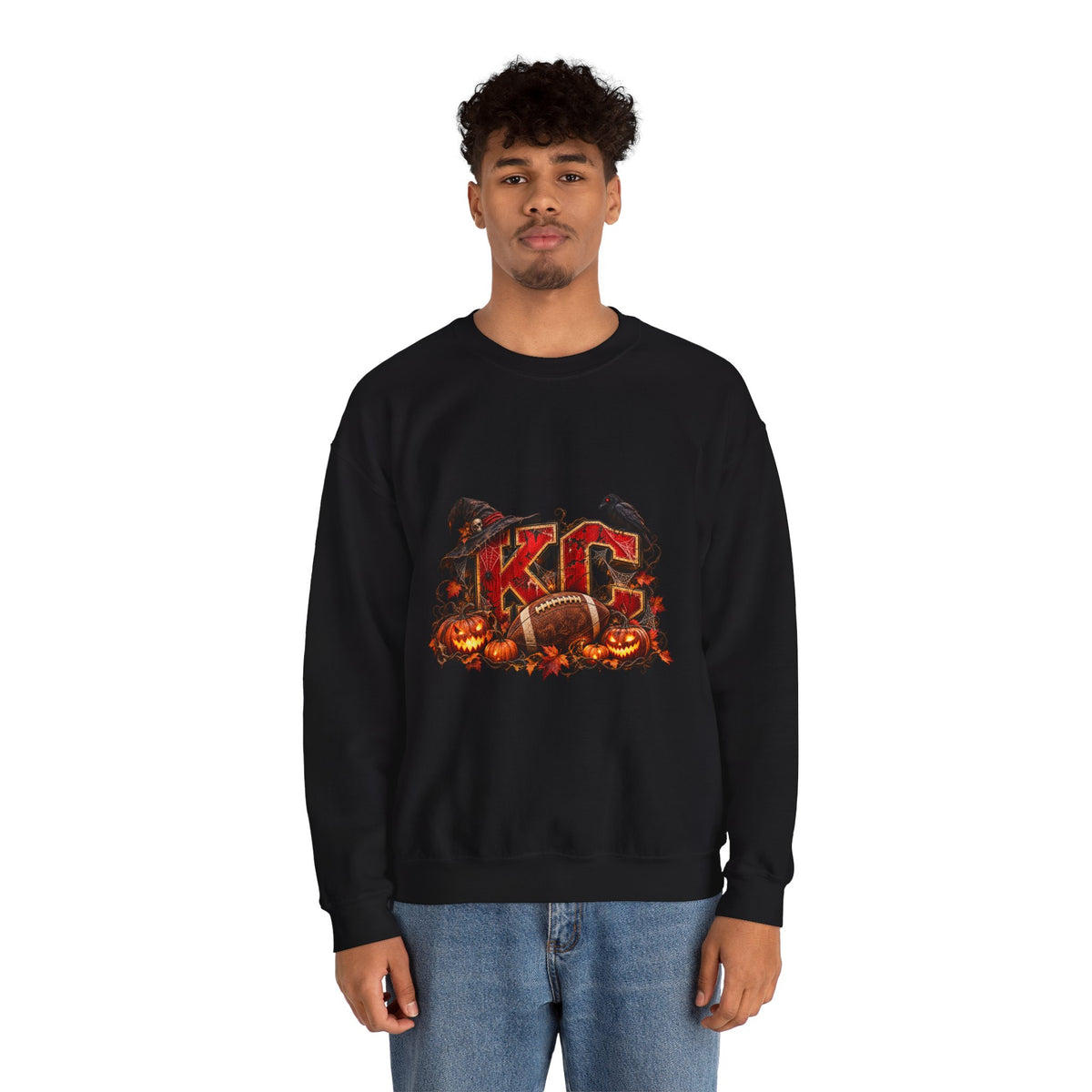 KC Halloween Crewneck Sweatshirt — Haunted Pumpkin Football Design-Flour and Foundry Meercantile Co.