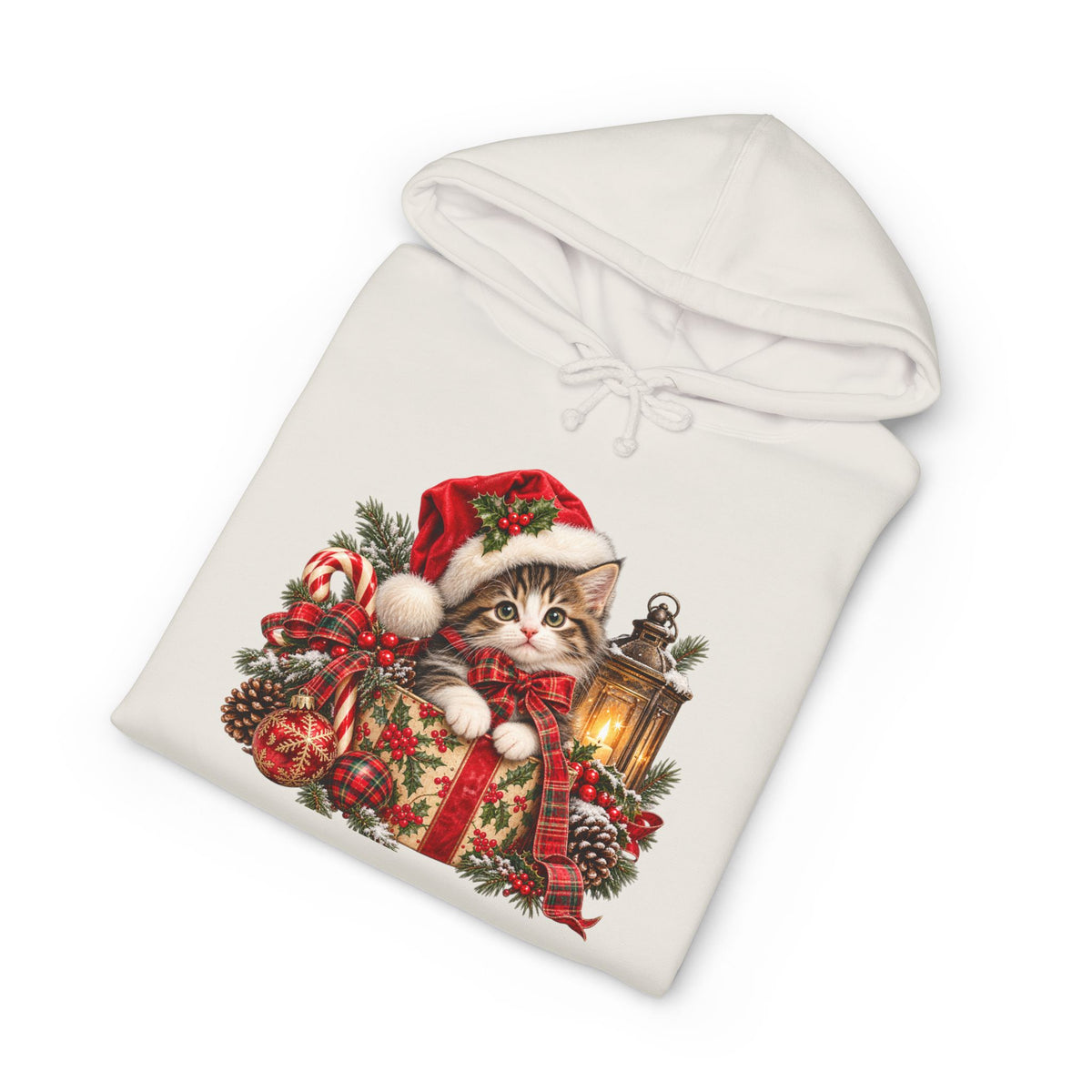 Christmas Cat Hoodie – Cute Kitten in Santa Hat with Lantern Holiday Sweatshirt
